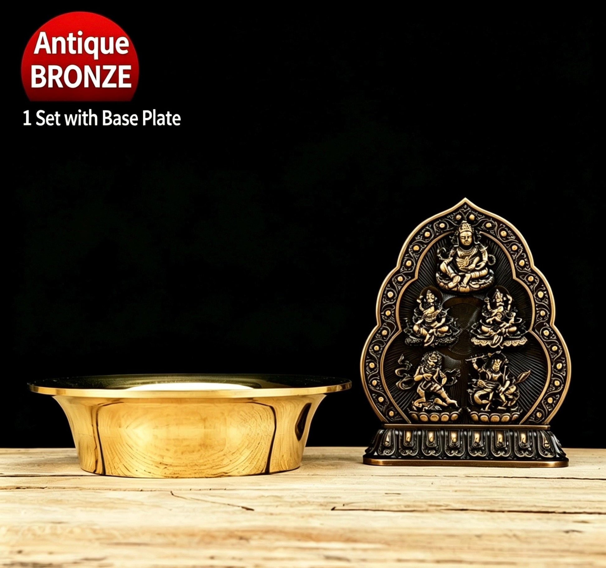 Five Wealth Gods Brass Offering Bowl Set, Buddhist Water Cups for Altar, Yellow Jambhala Puja Supplies, Zen Home Decor, Feng Shui Gift