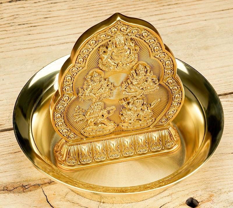 Five Wealth Gods Brass Offering Bowl Set, Buddhist Water Cups for Altar, Yellow Jambhala Puja Supplies, Zen Home Decor, Feng Shui Gift
