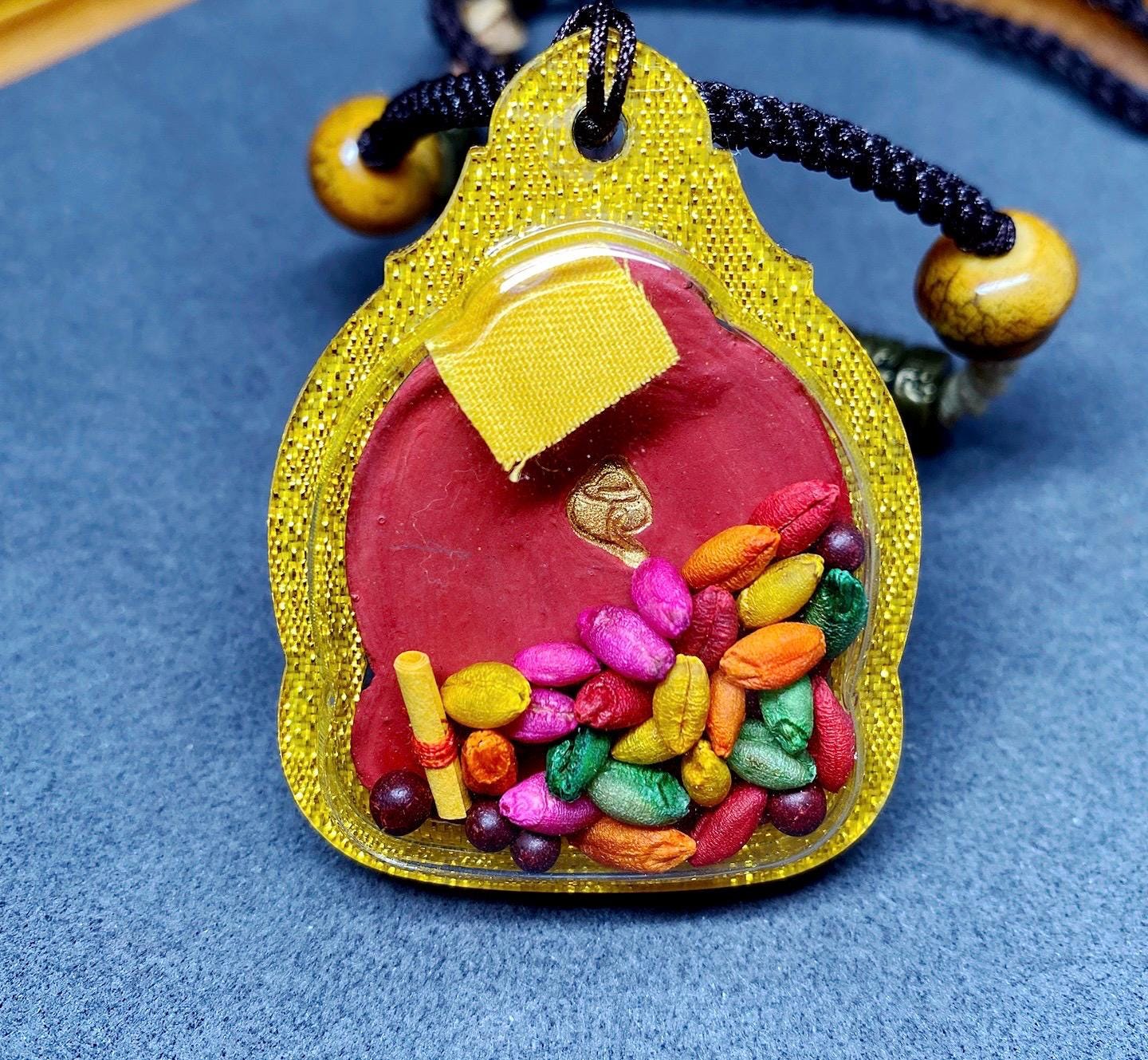 Hand-Painted Yellow Jambhala Thangka Pendant, Mineral Pigments Tibetan Buddhist Tsa Tsa Necklace, Spiritual Protection Amulet, Zen Jewelry
