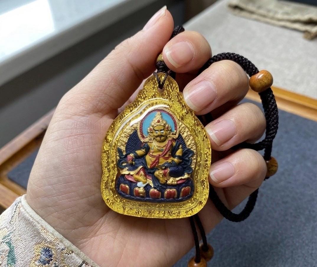 Hand-Painted Yellow Jambhala Thangka Pendant, Mineral Pigments Tibetan Buddhist Tsa Tsa Necklace, Spiritual Protection Amulet, Zen Jewelry