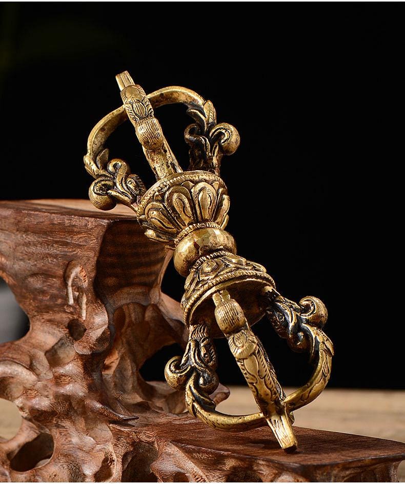 100% Handmade Brass Vajra and Bell Set from Nepal, Hand-Carved Five-Pronged Dorje, Tibetan Buddhist Ritual Ghanta, Modern Home Decor, Zen