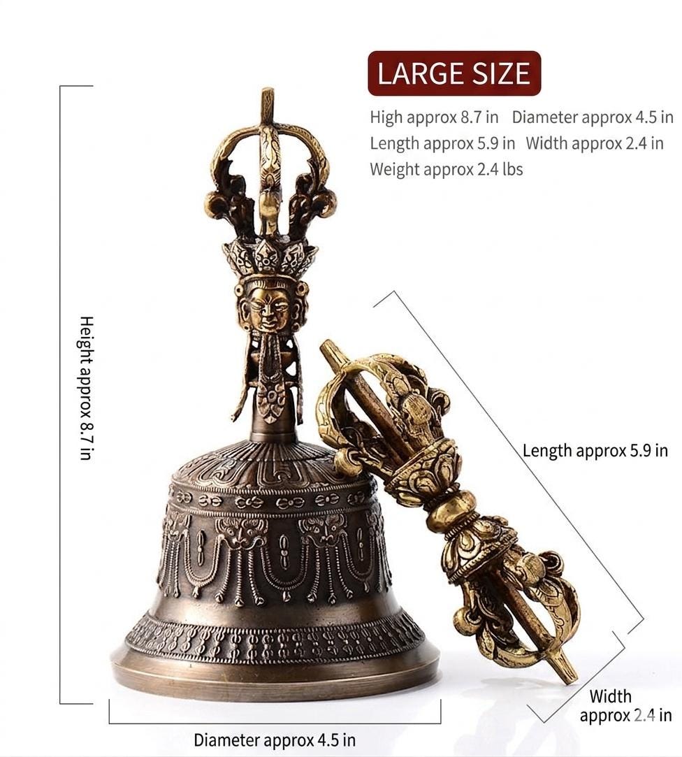 100% Handmade Brass Vajra and Bell Set from Nepal, Hand-Carved Five-Pronged Dorje, Tibetan Buddhist Ritual Ghanta, Modern Home Decor, Zen