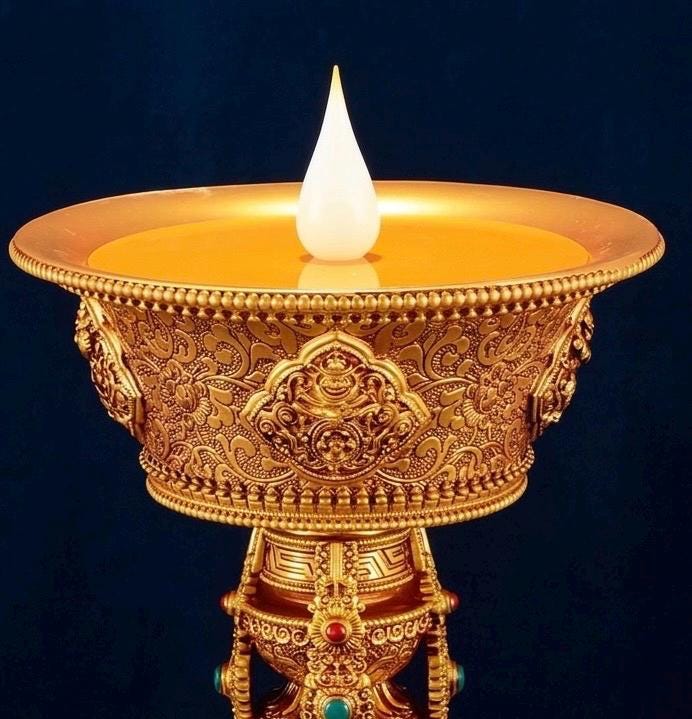 Electric Butter Lamp with LED Flame, 8 Auspicious Symbols Buddhist Offering Light, Rechargeable & Plugin Lotus Candle Holder for Home Altar