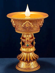 Electric Butter Lamp with LED Flame, 8 Auspicious Symbols Buddhist Offering Light, Rechargeable & Plugin Lotus Candle Holder for Home Altar