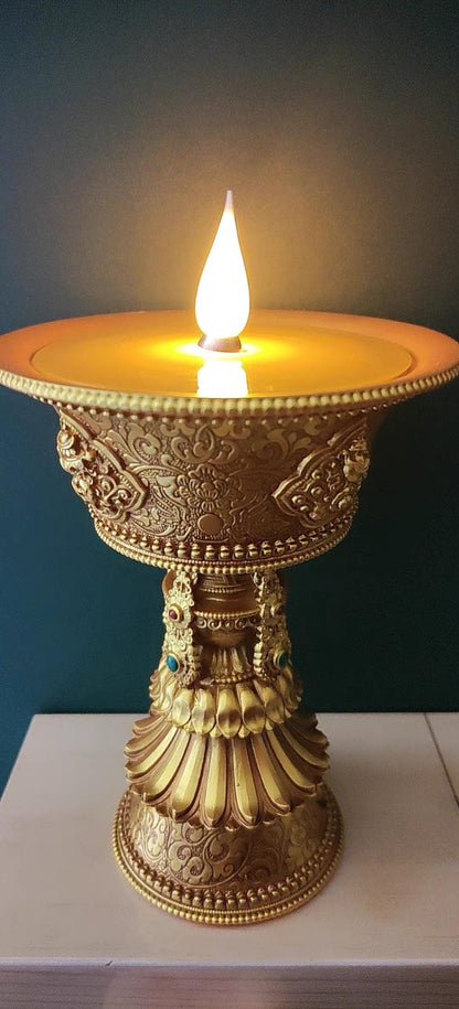 Electric Butter Lamp with LED Flame, 8 Auspicious Symbols Buddhist Offering Light, Rechargeable & Plugin Lotus Candle Holder for Home Altar