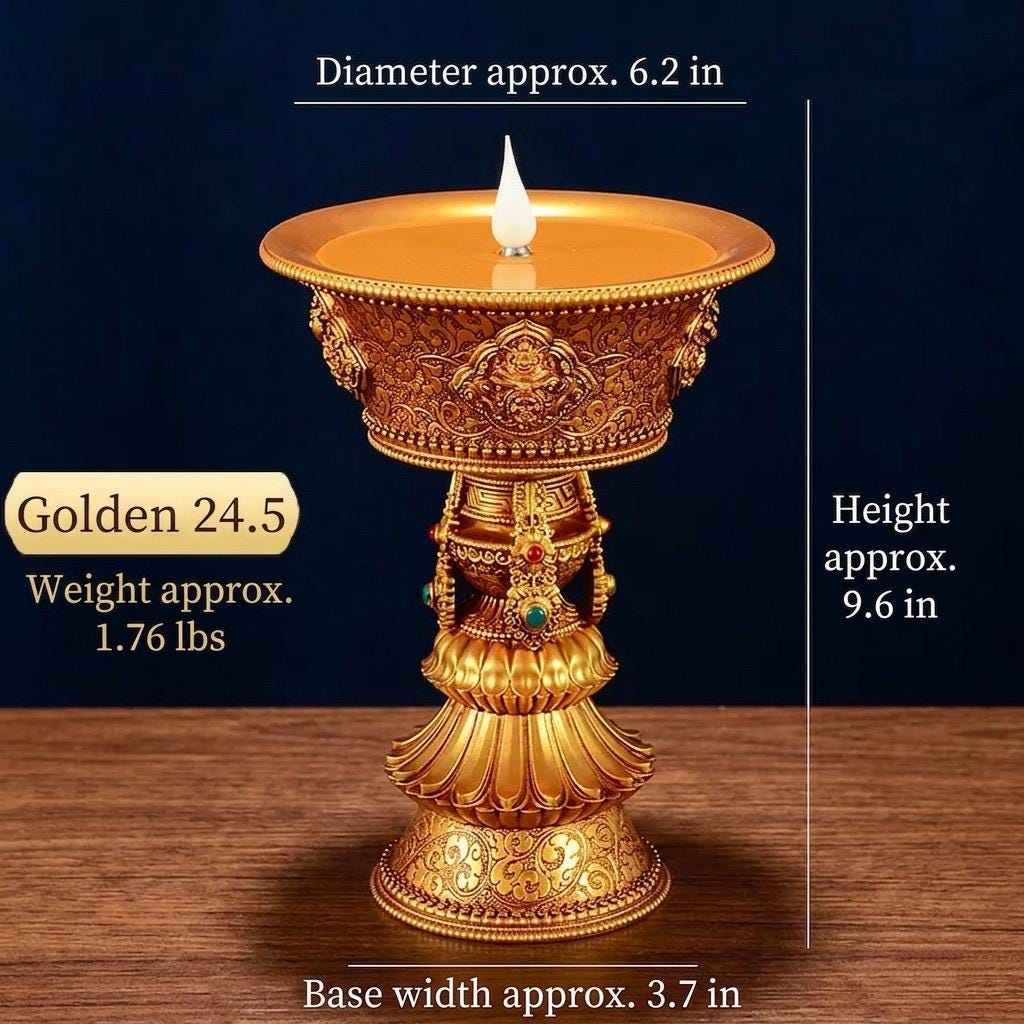 Electric Butter Lamp with LED Flame, 8 Auspicious Symbols Buddhist Offering Light, Rechargeable & Plugin Lotus Candle Holder for Home Altar