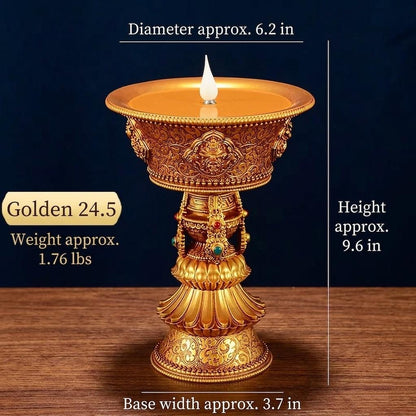 Electric Butter Lamp with LED Flame, 8 Auspicious Symbols Buddhist Offering Light, Rechargeable & Plugin Lotus Candle Holder for Home Altar