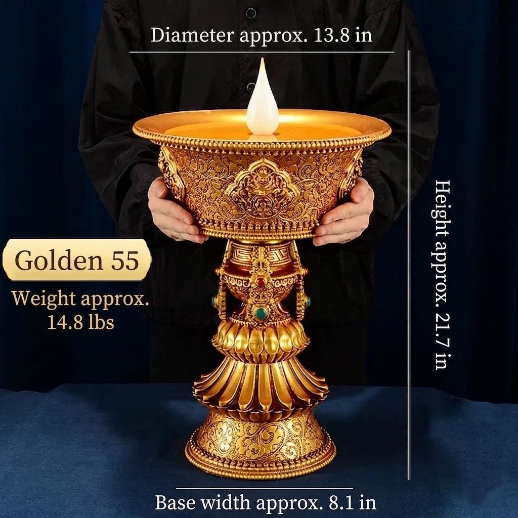 Electric Butter Lamp with LED Flame, 8 Auspicious Symbols Buddhist Offering Light, Rechargeable & Plugin Lotus Candle Holder for Home Altar