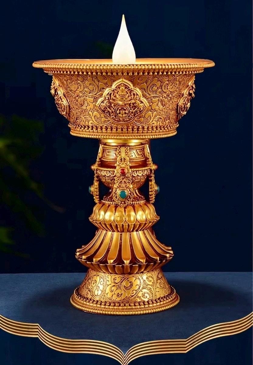 Electric Butter Lamp with LED Flame, 8 Auspicious Symbols Buddhist Offering Light, Rechargeable & Plugin Lotus Candle Holder for Home Altar