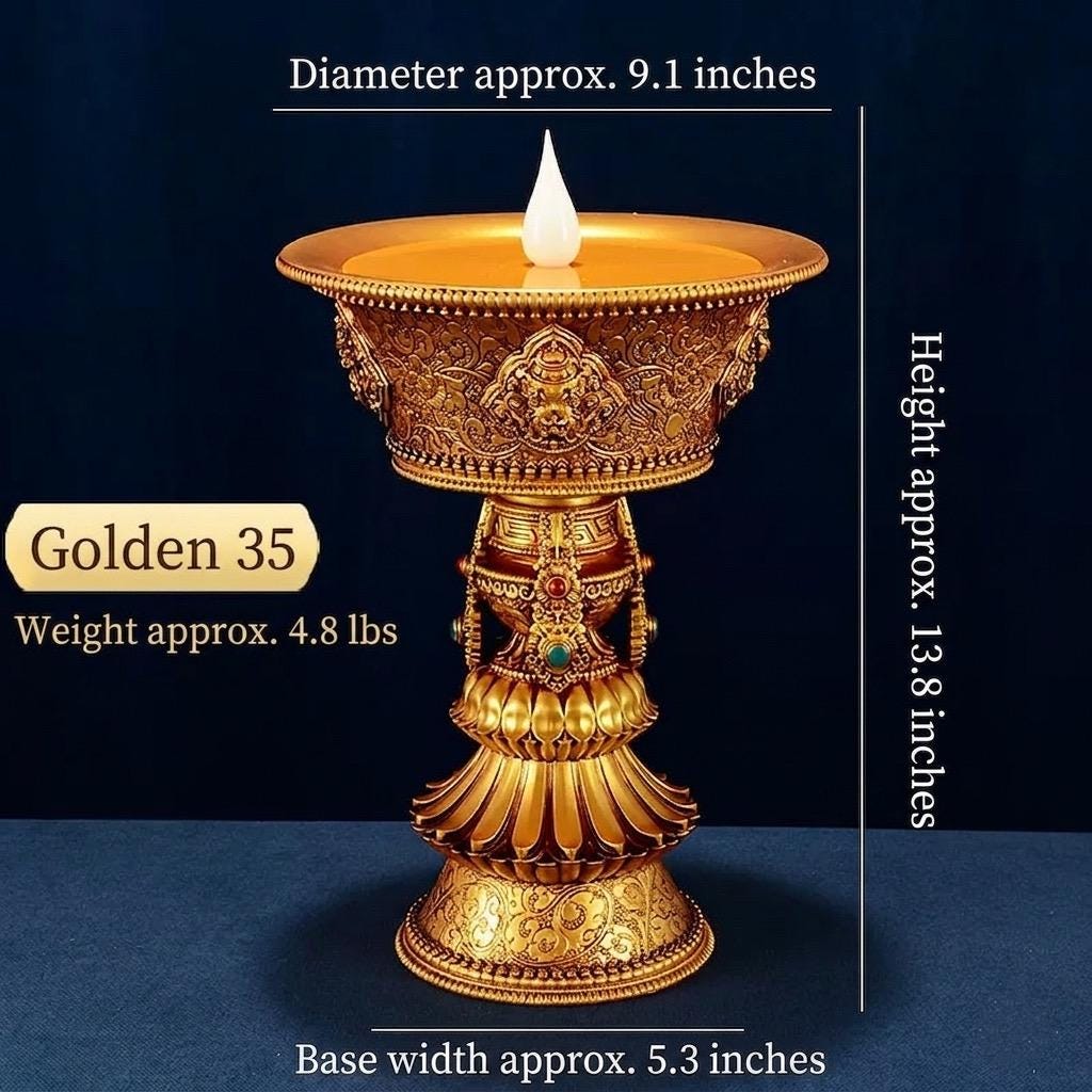 Electric Butter Lamp with LED Flame, 8 Auspicious Symbols Buddhist Offering Light, Rechargeable & Plugin Lotus Candle Holder for Home Altar