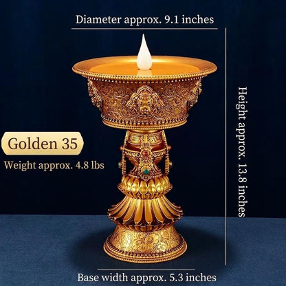 Electric Butter Lamp with LED Flame, 8 Auspicious Symbols Buddhist Offering Light, Rechargeable & Plugin Lotus Candle Holder for Home Altar