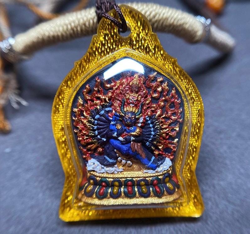 Tibetan Yamantaka Mini Thangka Pendant, Hand-painted Mineral Pigment Tsatsa, Vajrabhairava Buddhist Amulet Necklace, Sacred Himalayan Art