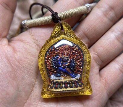 Tibetan Yamantaka Mini Thangka Pendant, Hand-painted Mineral Pigment Tsatsa, Vajrabhairava Buddhist Amulet Necklace, Sacred Himalayan Art