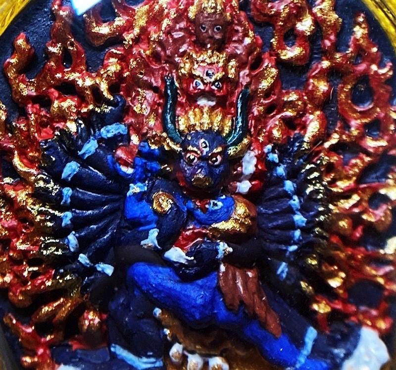 Tibetan Yamantaka Mini Thangka Pendant, Hand-painted Mineral Pigment Tsatsa, Vajrabhairava Buddhist Amulet Necklace, Sacred Himalayan Art