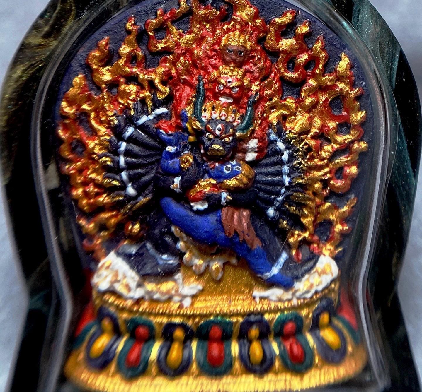 Tibetan Yamantaka Mini Thangka Pendant, Hand-painted Mineral Pigment Tsatsa, Vajrabhairava Buddhist Amulet Necklace, Sacred Himalayan Art