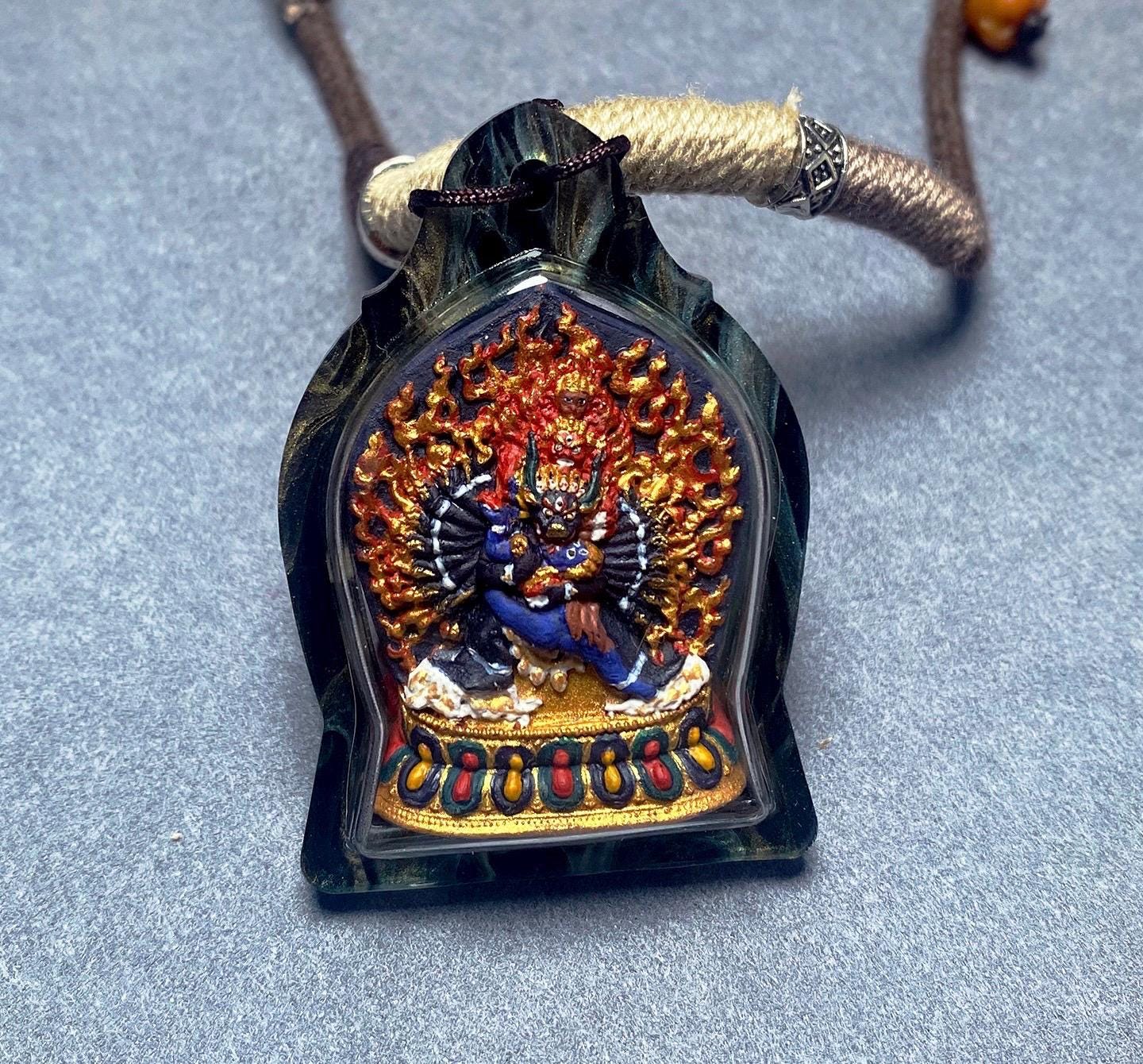 Tibetan Yamantaka Mini Thangka Pendant, Hand-painted Mineral Pigment Tsatsa, Vajrabhairava Buddhist Amulet Necklace, Sacred Himalayan Art