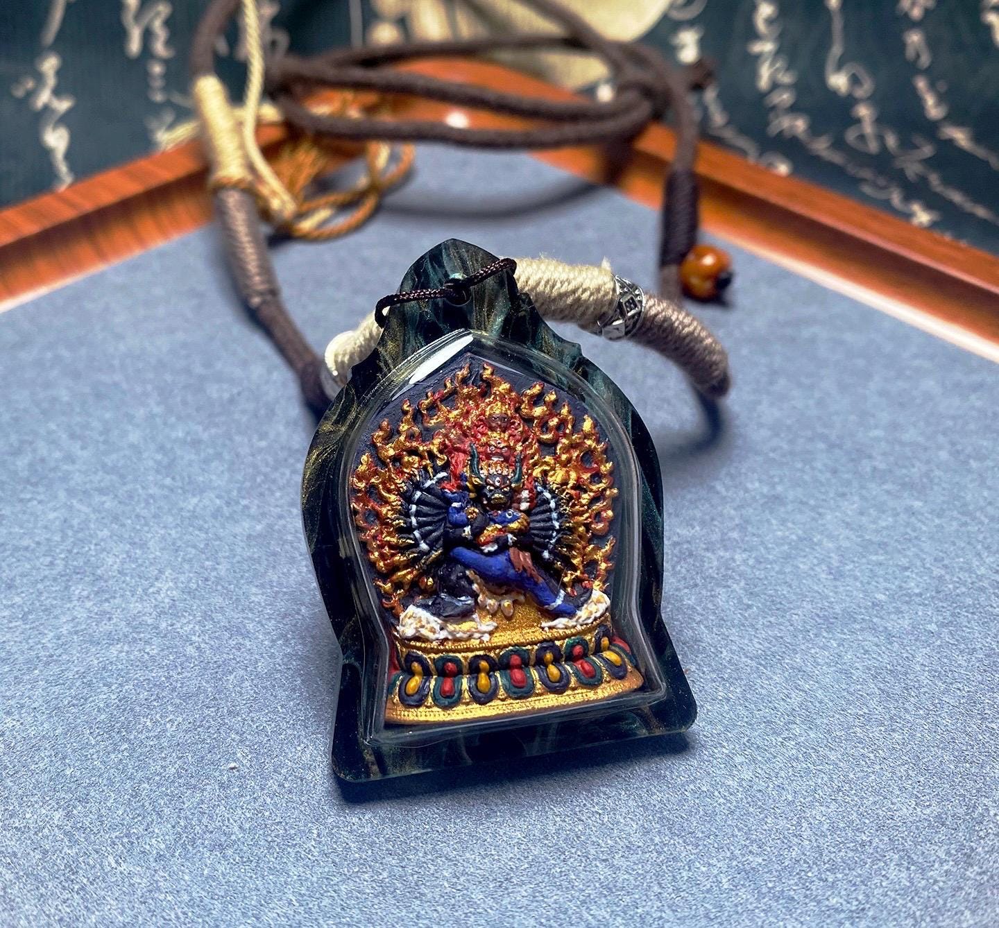 Tibetan Yamantaka Mini Thangka Pendant, Hand-painted Mineral Pigment Tsatsa, Vajrabhairava Buddhist Amulet Necklace, Sacred Himalayan Art