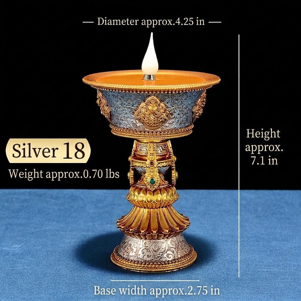 LED Ghee Lamp Holder 8 Auspicious Symbols, Rechargeable Plug-in Buddhist Altar Supplies, Electronic Candle Holder for Buddha