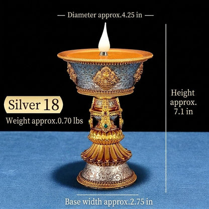 LED Ghee Lamp Holder 8 Auspicious Symbols, Rechargeable Plug-in Buddhist Altar Supplies, Electronic Candle Holder for Buddha