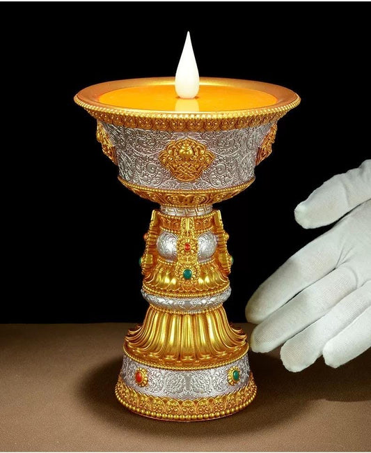 LED Ghee Lamp Holder 8 Auspicious Symbols, Rechargeable Plug-in Buddhist Altar Supplies, Electronic Candle Holder for Buddha