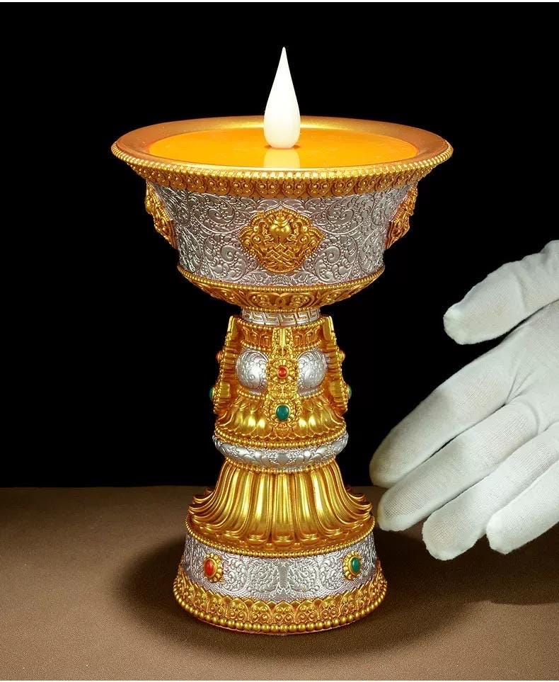 LED Ghee Lamp Holder 8 Auspicious Symbols, Rechargeable Plug-in Buddhist Altar Supplies, Electronic Candle Holder for Buddha