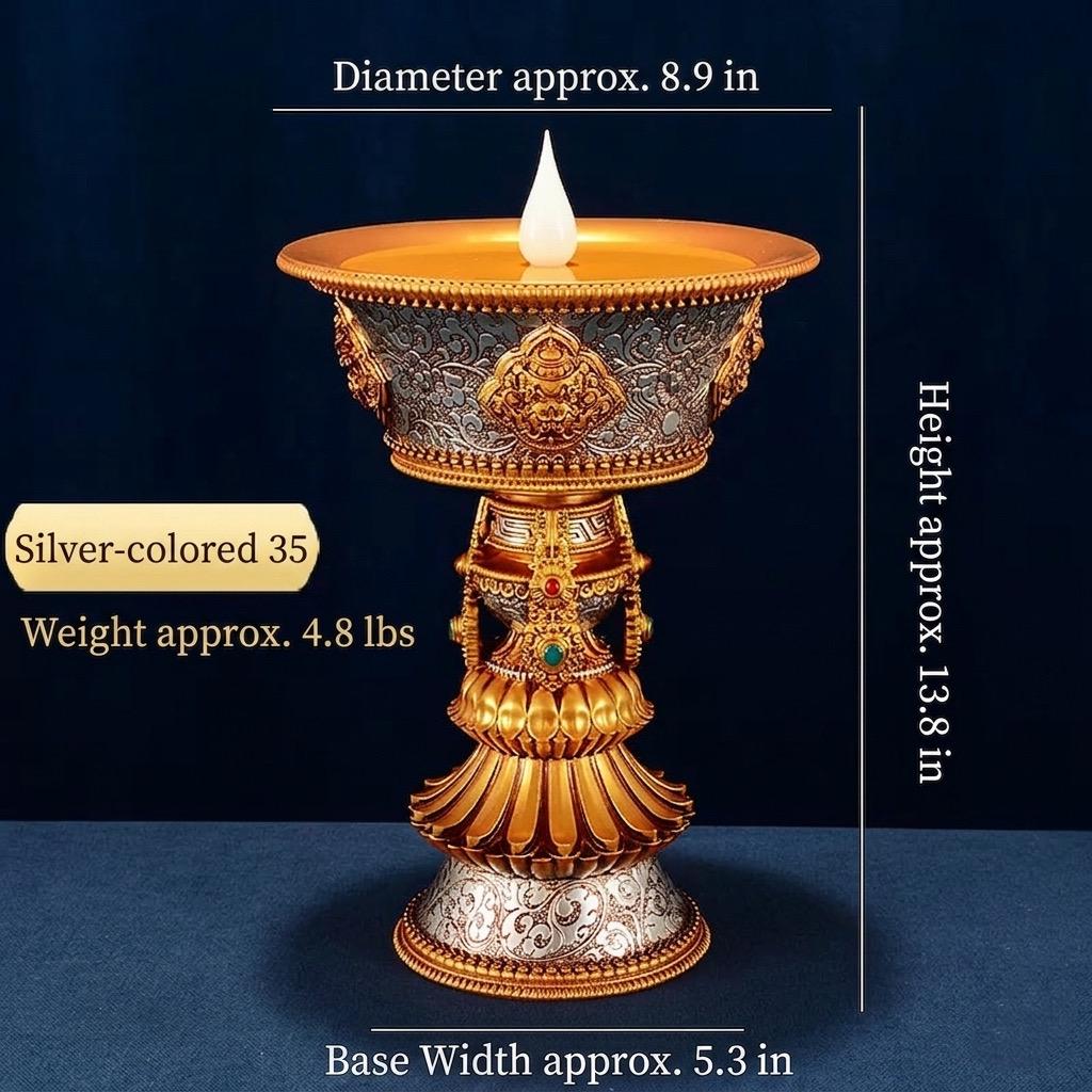 LED Ghee Lamp Holder 8 Auspicious Symbols, Rechargeable Plug-in Buddhist Altar Supplies, Electronic Candle Holder for Buddha