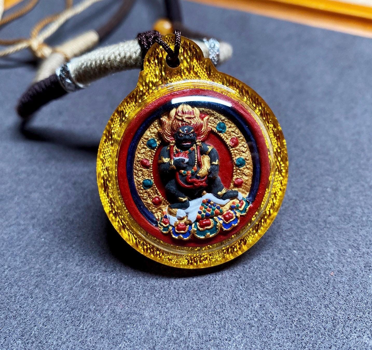 Hand-Painted Black Jambhala Medicine Tsa Tsa Necklace, Tibetan Buddhist Thangka Amulet, Mineral Pigment Folk Art, Spiritual Gift for Wealth
