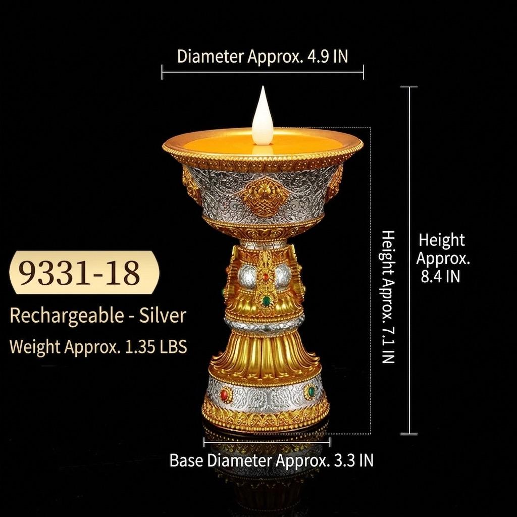LED Ghee Lamp Holder, Rechargeable Electric Buddha Light, Eight Auspicious Buddhist Candle Holder, Zen Altar Decor, Mindfulness Gift