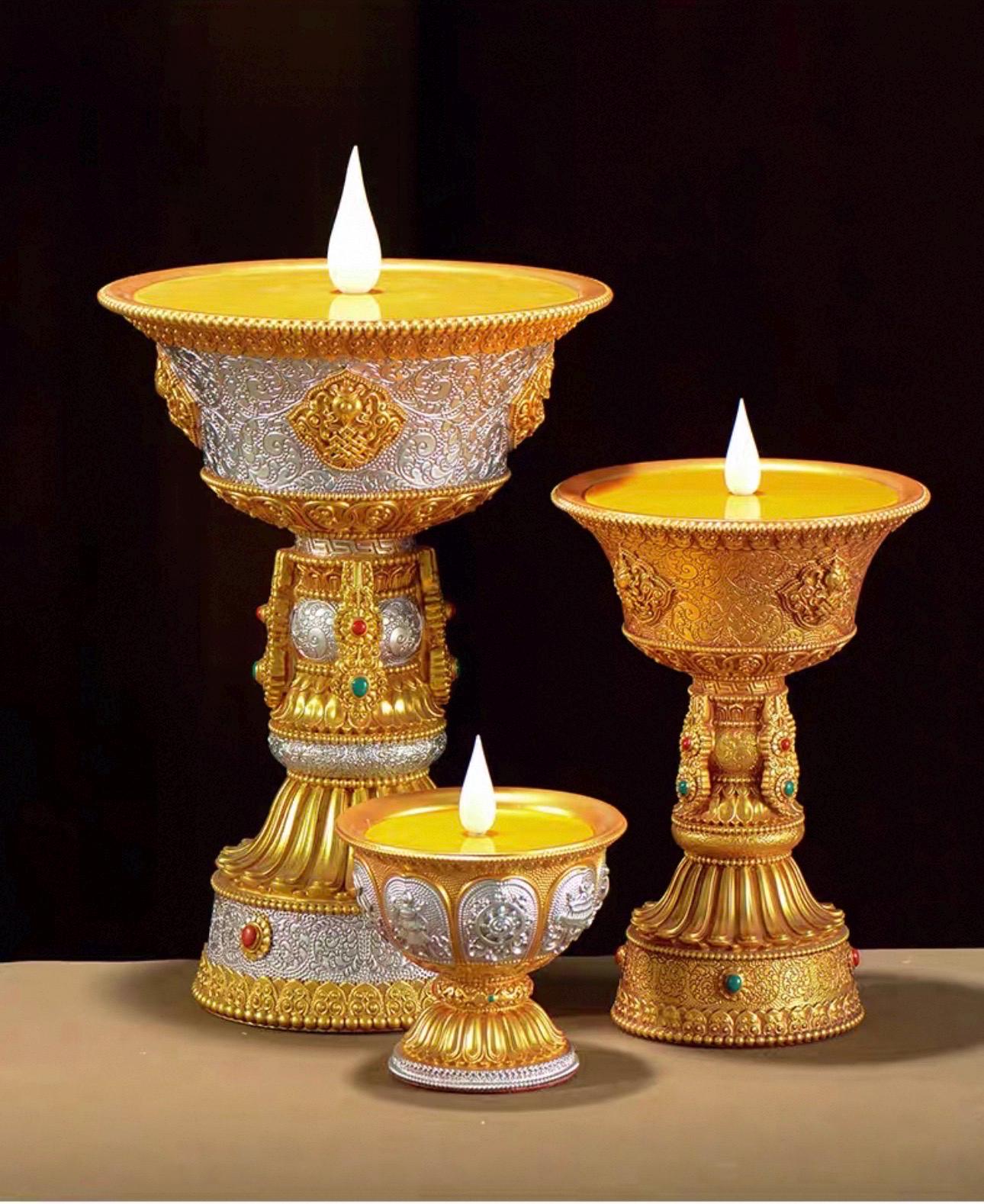 LED Ghee Lamp Holder, Rechargeable Electric Buddha Light, Eight Auspicious Buddhist Candle Holder, Zen Altar Decor, Mindfulness Gift