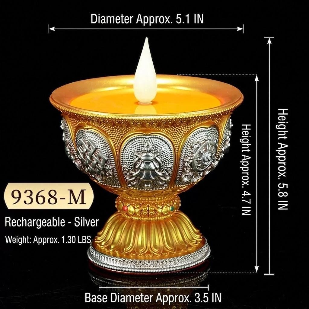 LED Ghee Lamp Holder, Rechargeable Electric Buddha Light, Eight Auspicious Buddhist Candle Holder, Zen Altar Decor, Mindfulness Gift