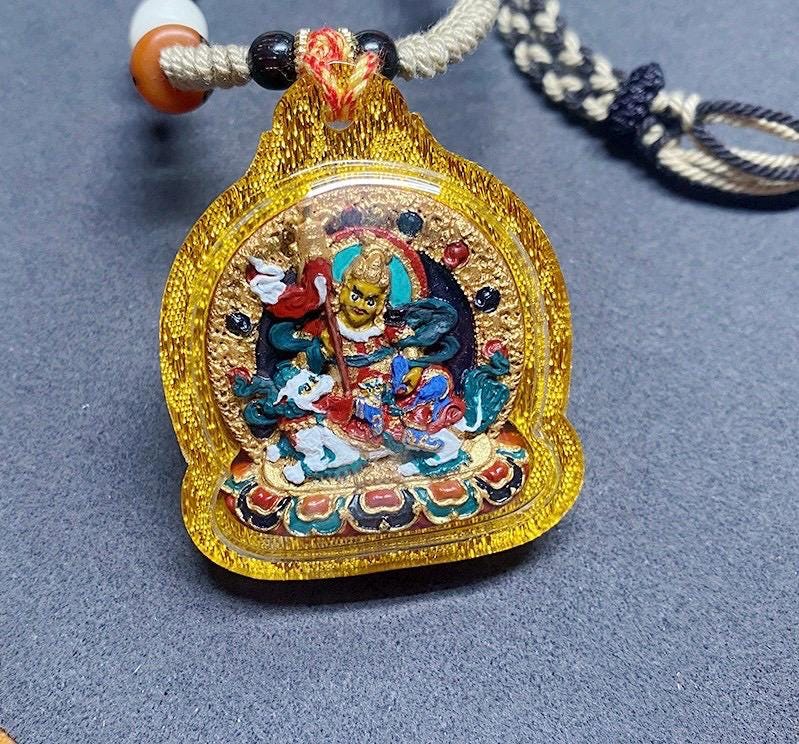 Hand Painted Mineral Pigment Vaisravana Tsa Tsa Pendant, Tibetan Buddhist Jewelry, Wealth God Necklace, Thangka Style Amulet, Spiritual Gift