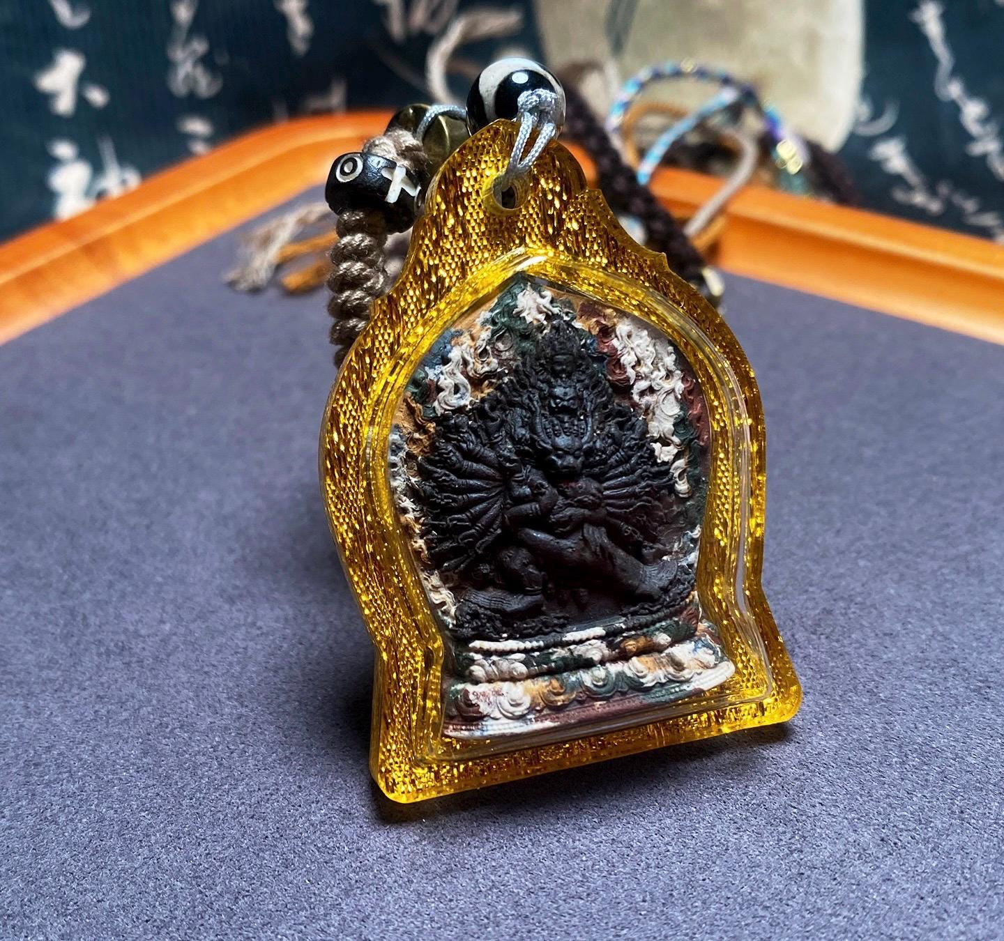 Handmade Yamantaka Tsa Tsa Pendant, Multi-color Tibetan Clay Buddha, Vajrabhairava Gau Box, Buddhist Amulet, Religious Jewelry
