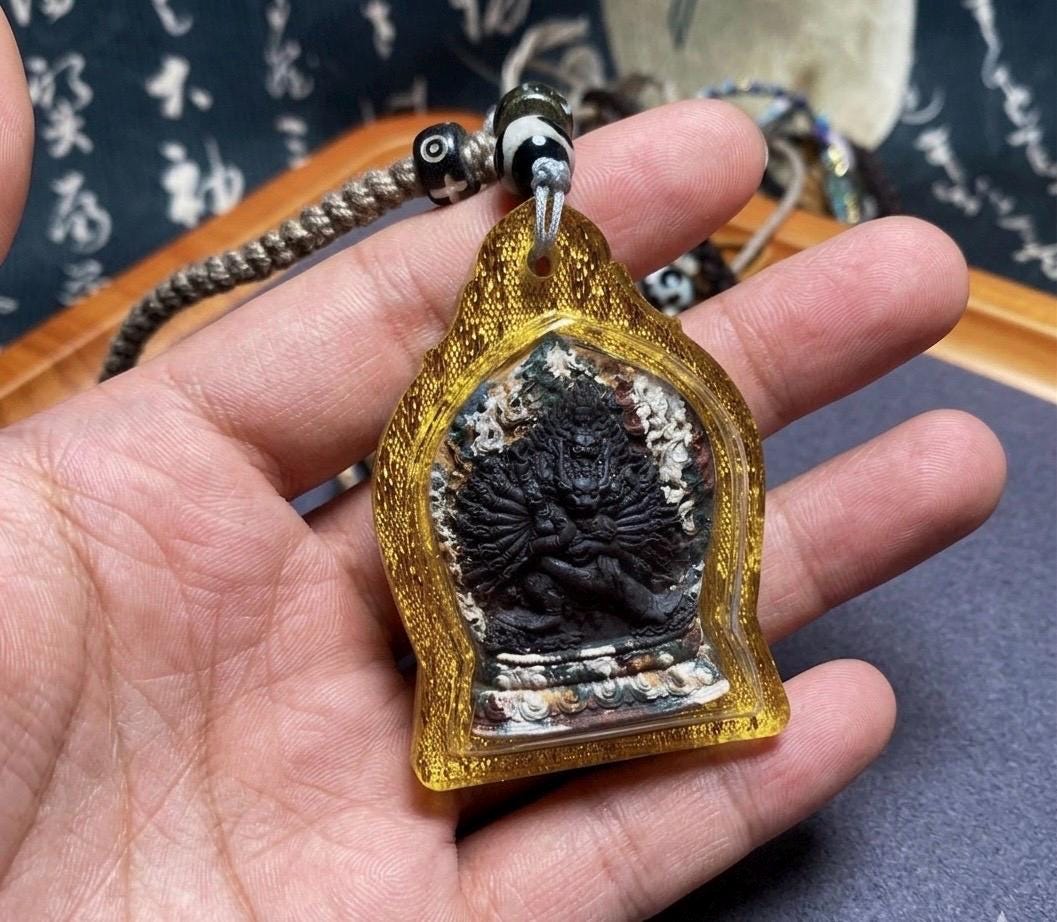 Handmade Yamantaka Tsa Tsa Pendant, Multi-color Tibetan Clay Buddha, Vajrabhairava Gau Box, Buddhist Amulet, Religious Jewelry