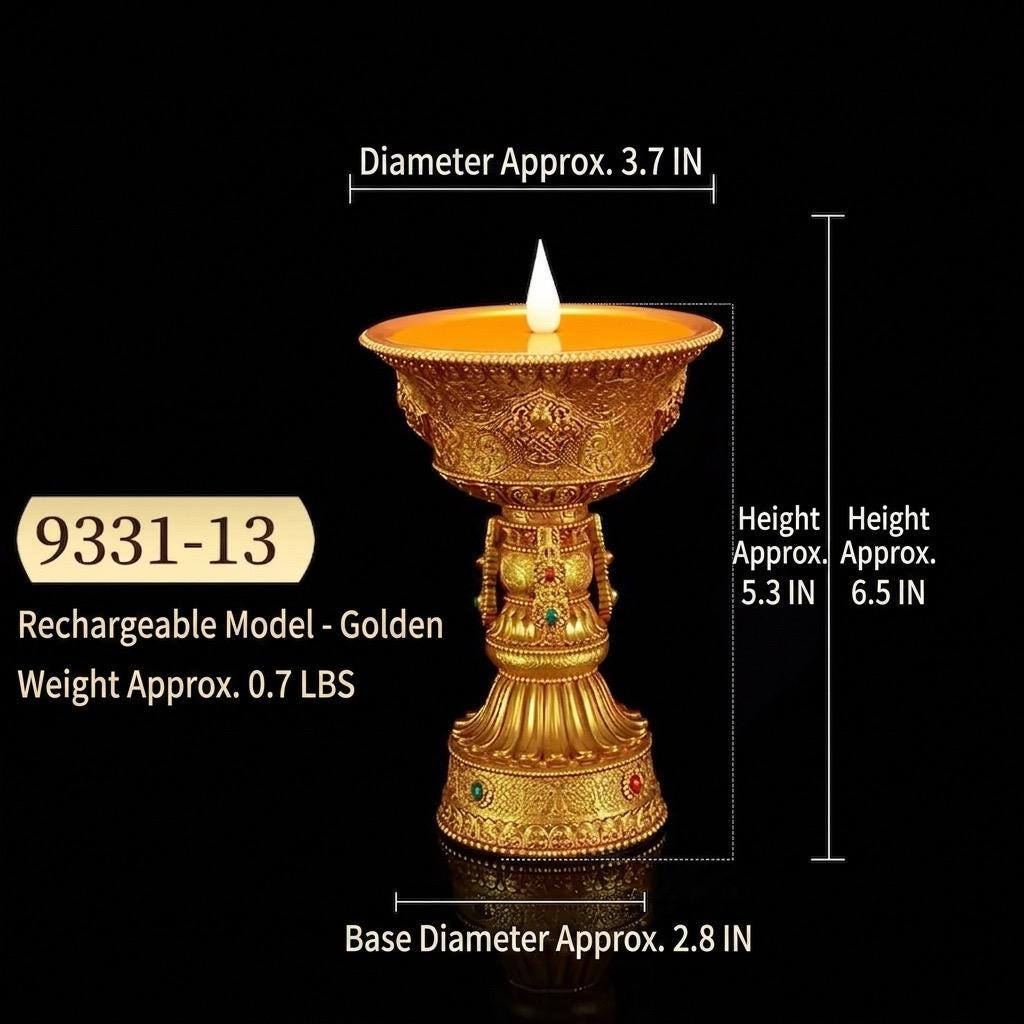 Auspicious Eight Symbols Buddhist Lamp, Golden LED Butter Candle Holder for Home Altar, Rechargeable Corded Electric Ghee Light Supply