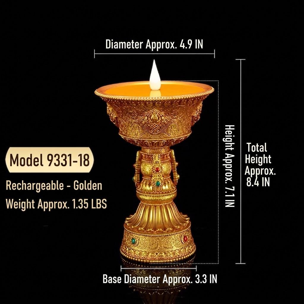 Auspicious Eight Symbols Buddhist Lamp, Golden LED Butter Candle Holder for Home Altar, Rechargeable Corded Electric Ghee Light Supply