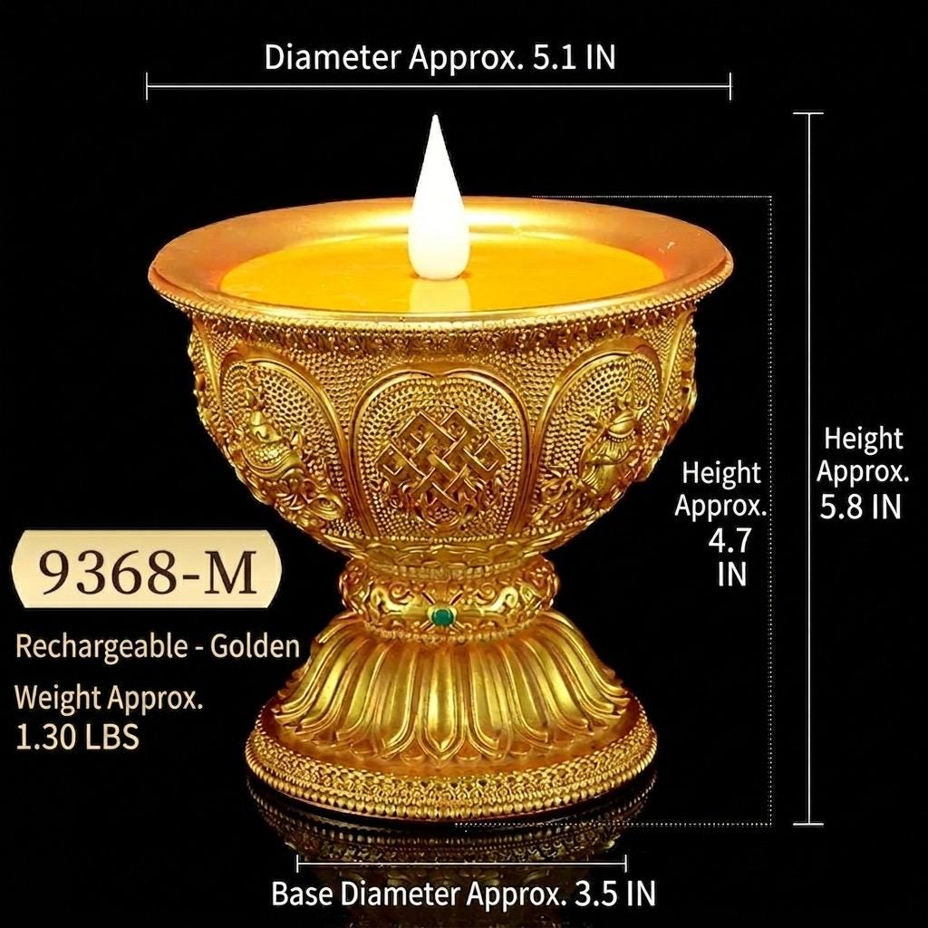 Auspicious Eight Symbols Buddhist Lamp, Golden LED Butter Candle Holder for Home Altar, Rechargeable Corded Electric Ghee Light Supply