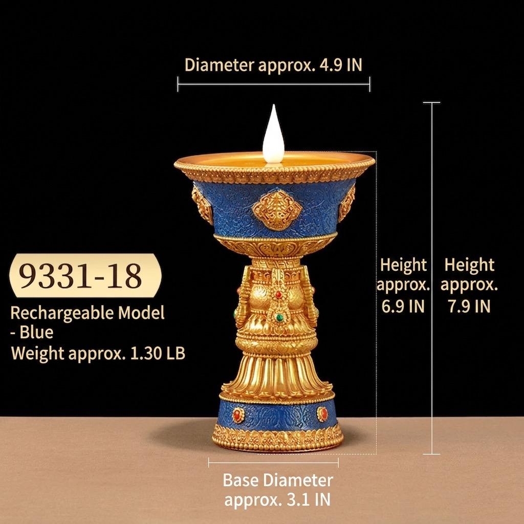 LED Electric Ghee Lamp Rechargeable Buddhist Butter Candle Holder Ashtamangala Puja Decorative Light Zen Lotus Alter Altar Shrine Supply