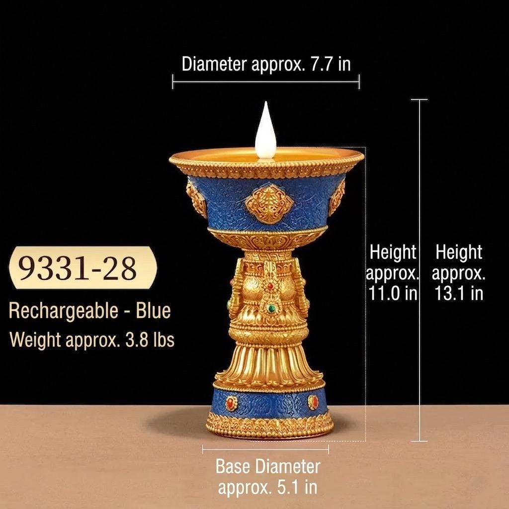 LED Electric Ghee Lamp Rechargeable Buddhist Butter Candle Holder Ashtamangala Puja Decorative Light Zen Lotus Alter Altar Shrine Supply