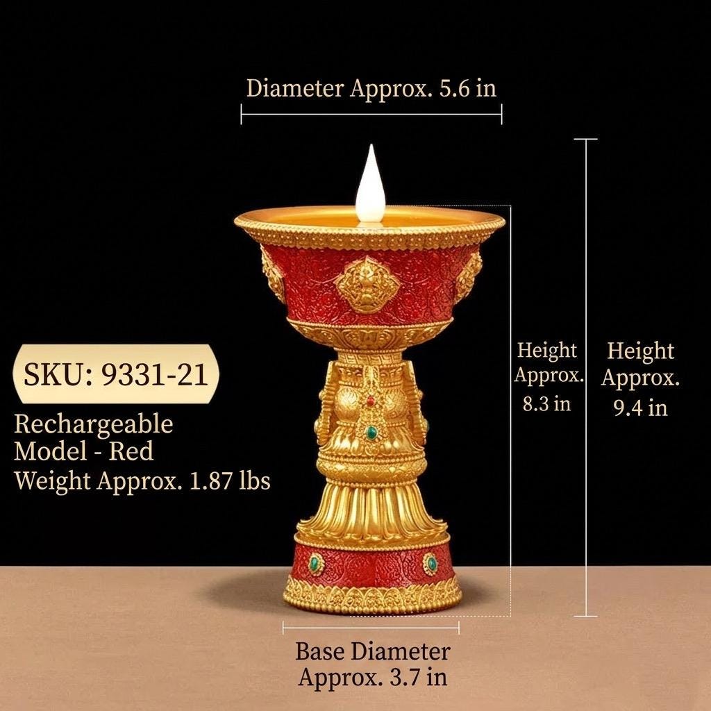 LED Electric Ghee Lamp Rechargeable Buddhist Butter Candle Holder Ashtamangala Puja Decorative Light Zen Lotus Alter Altar Shrine Supply