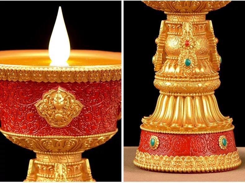 LED Electric Ghee Lamp Rechargeable Buddhist Butter Candle Holder Ashtamangala Puja Decorative Light Zen Lotus Alter Altar Shrine Supply