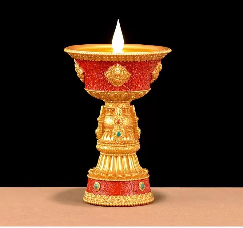 LED Electric Ghee Lamp Rechargeable Buddhist Butter Candle Holder Ashtamangala Puja Decorative Light Zen Lotus Alter Altar Shrine Supply