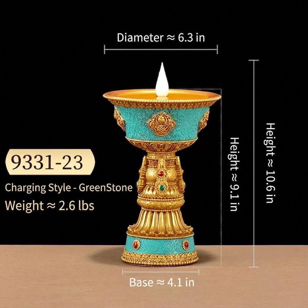 LED Electric Ghee Lamp Rechargeable Buddhist Butter Candle Holder Ashtamangala Puja Decorative Light Zen Lotus Alter Altar Shrine Supply