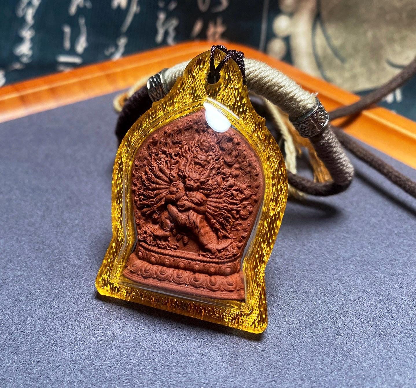 Yamantaka Vajrabhairava Tsa Tsa Pendant, Tibetan Buddhist Clay Statue Necklace, Handmade Vajra Gau Box Amulet, Himalayan Meditation Jewelry