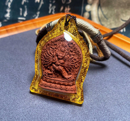 Yamantaka Vajrabhairava Tsa Tsa Pendant, Tibetan Buddhist Clay Statue Necklace, Handmade Vajra Gau Box Amulet, Himalayan Meditation Jewelry