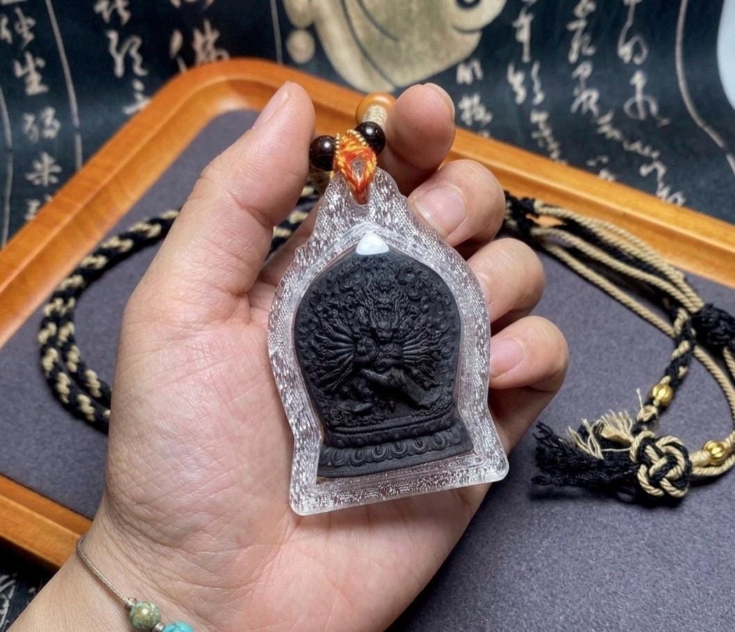 Yamantaka Vajrabhairava Tsa Tsa Pendant, Tibetan Buddhist Clay Statue Necklace, Handmade Vajra Gau Box Amulet, Himalayan Meditation Jewelry