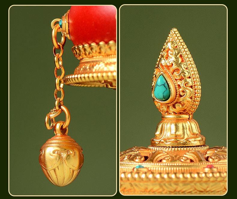 Tibetan Prayer Wheel Handheld Dzi Bead Mani Wheel Buddhist Meditation Red Leather Hand Cranked Prayer Roller Tabletop Altar Decor