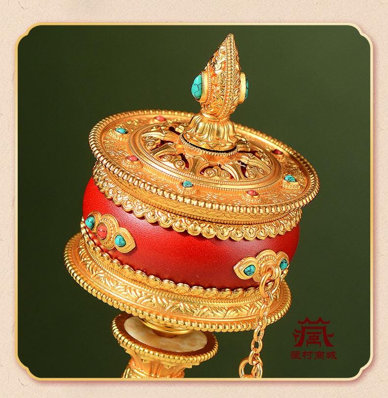Tibetan Prayer Wheel Handheld Dzi Bead Mani Wheel Buddhist Meditation Red Leather Hand Cranked Prayer Roller Tabletop Altar Decor