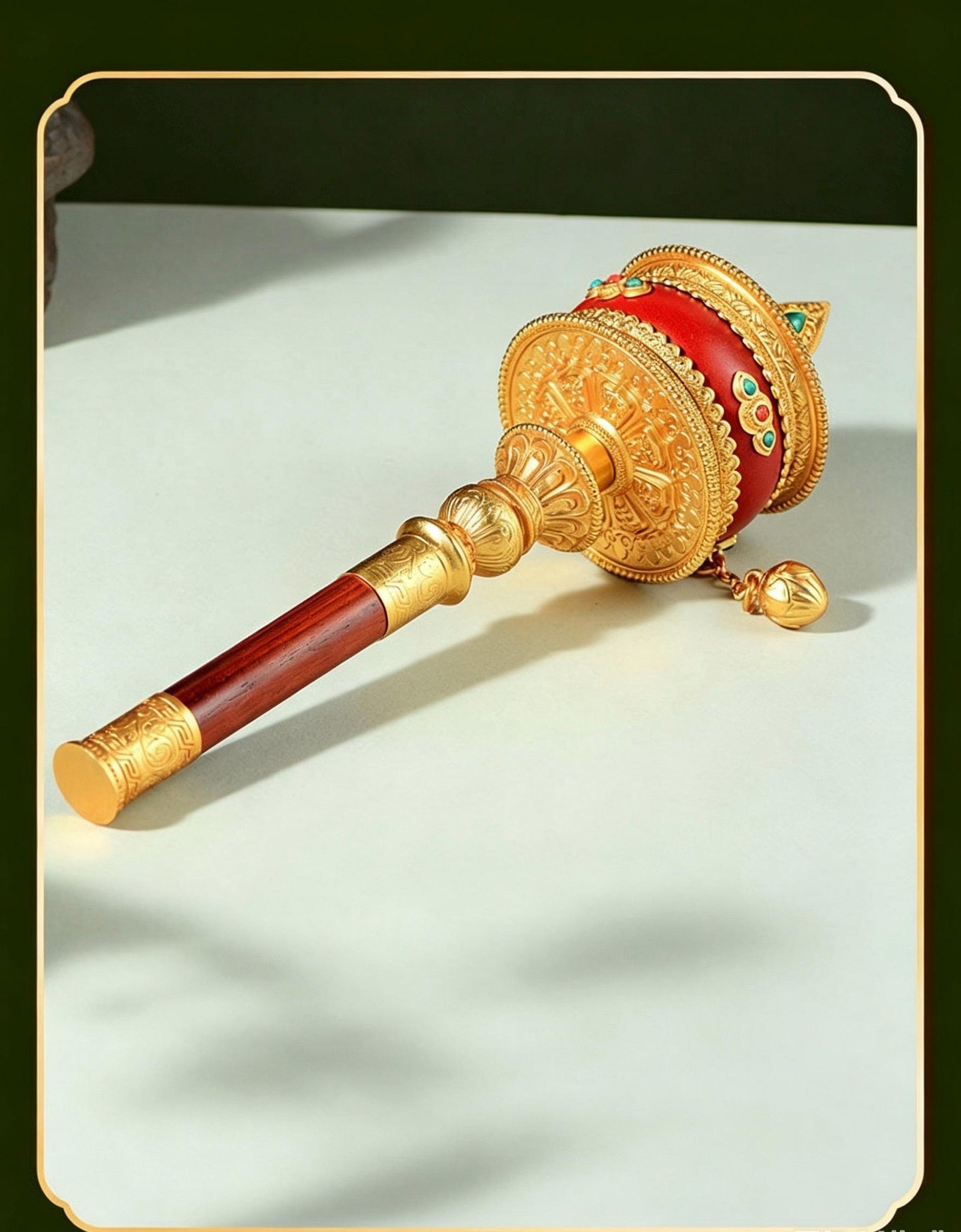 Tibetan Prayer Wheel Handheld Dzi Bead Mani Wheel Buddhist Meditation Red Leather Hand Cranked Prayer Roller Tabletop Altar Decor