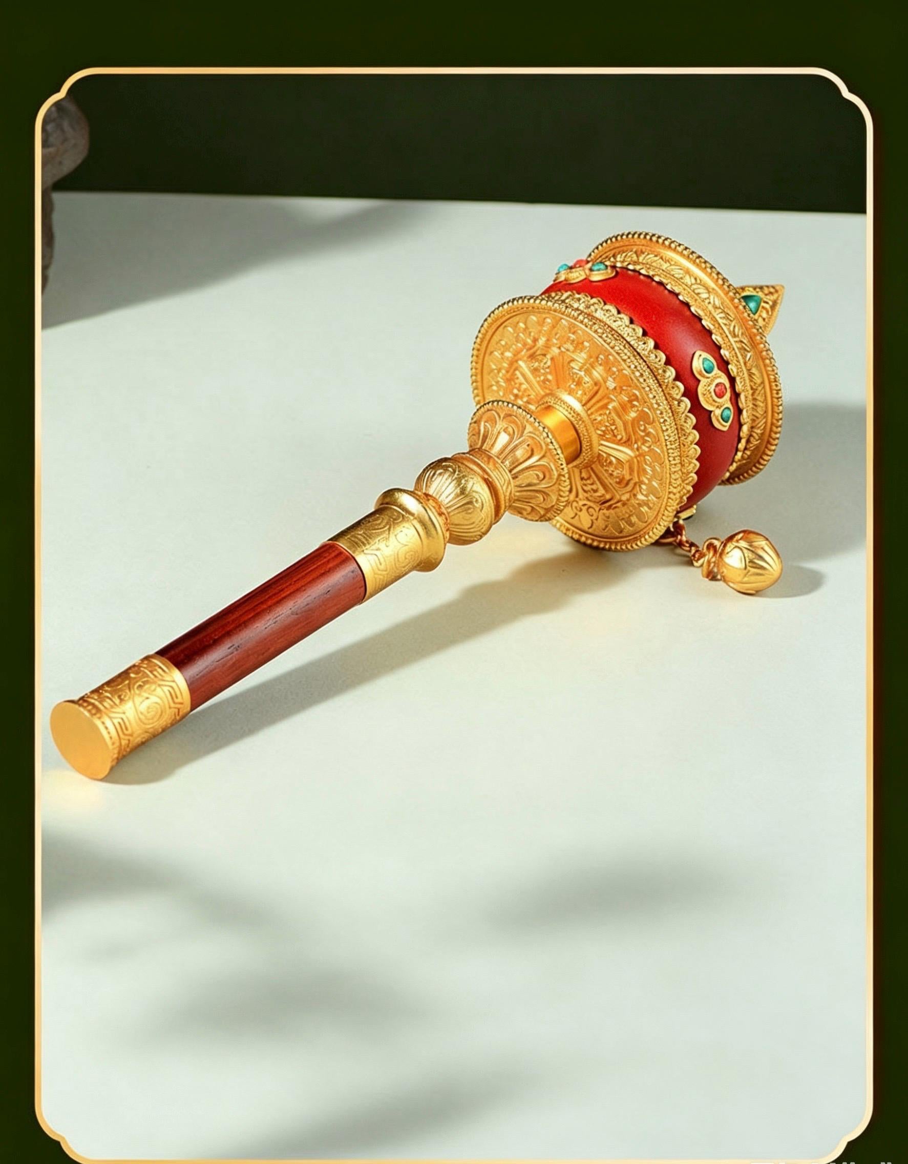 Tibetan Prayer Wheel Handheld Dzi Bead Mani Wheel Buddhist Meditation Red Leather Hand Cranked Prayer Roller Tabletop Altar Decor