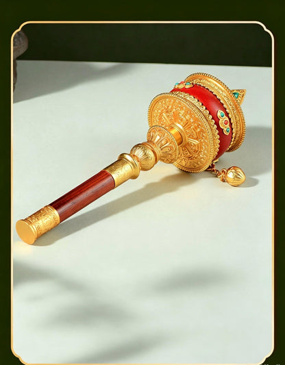Tibetan Prayer Wheel Handheld Dzi Bead Mani Wheel Buddhist Meditation Red Leather Hand Cranked Prayer Roller Tabletop Altar Decor